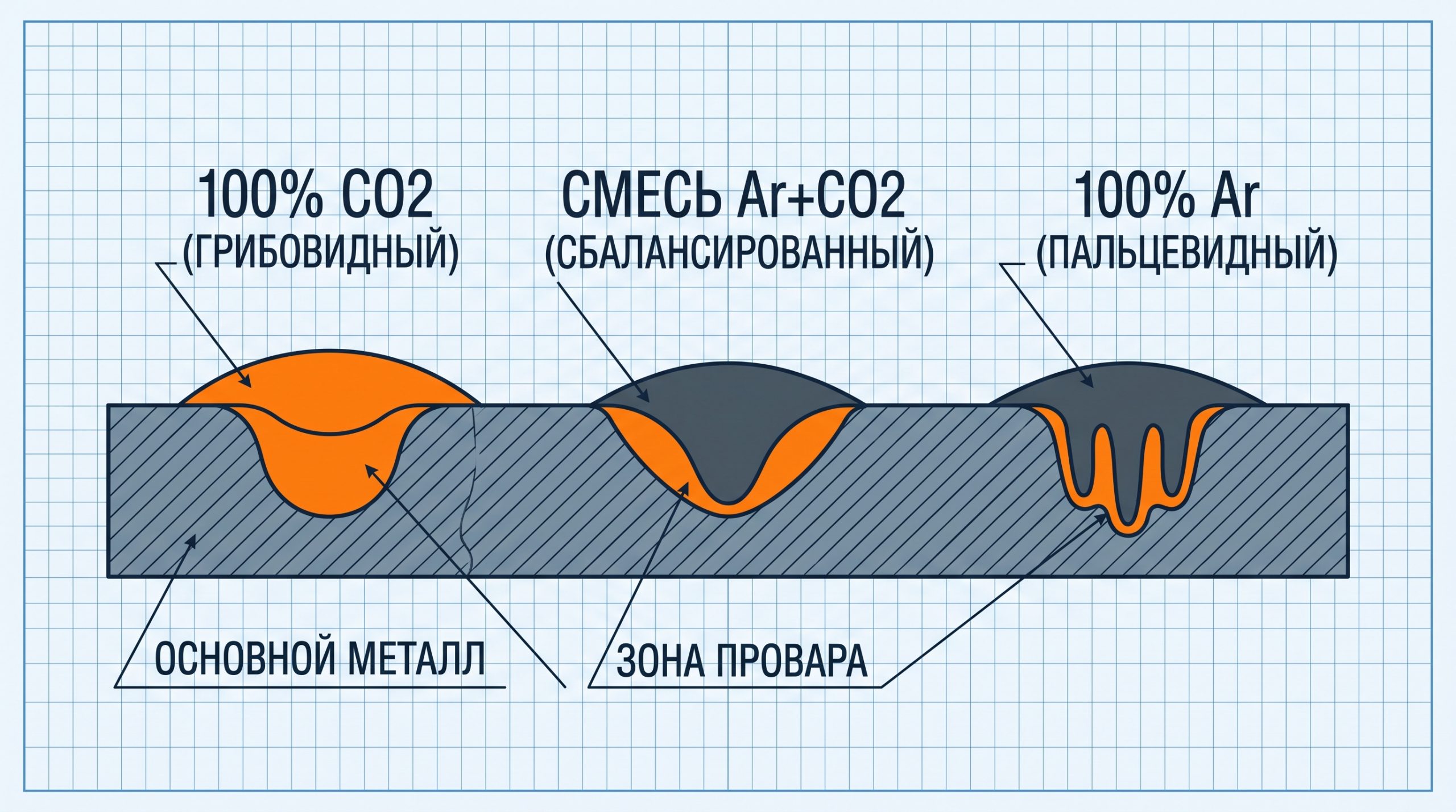 Геометрия проплавления сварного шва в различных защитных газах