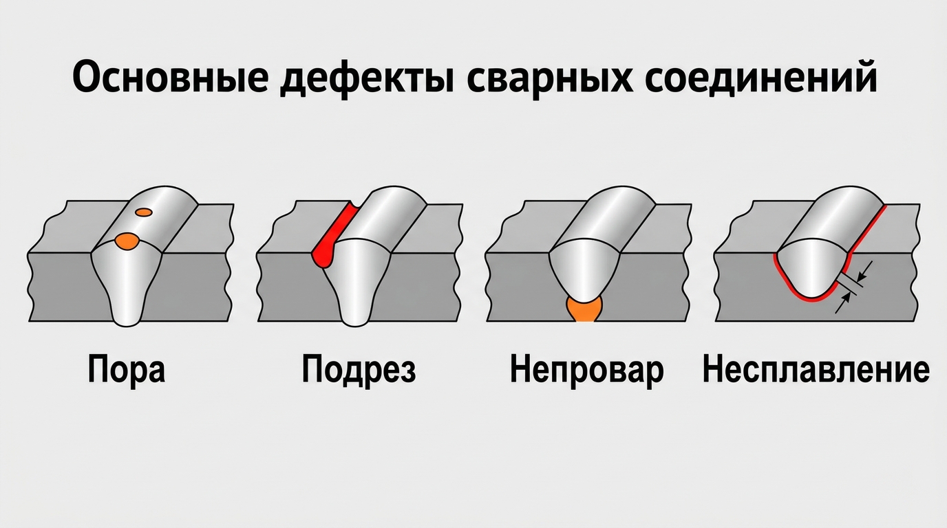 Основные дефекты сварных соединений: пора, подрез, непровар и несплавление