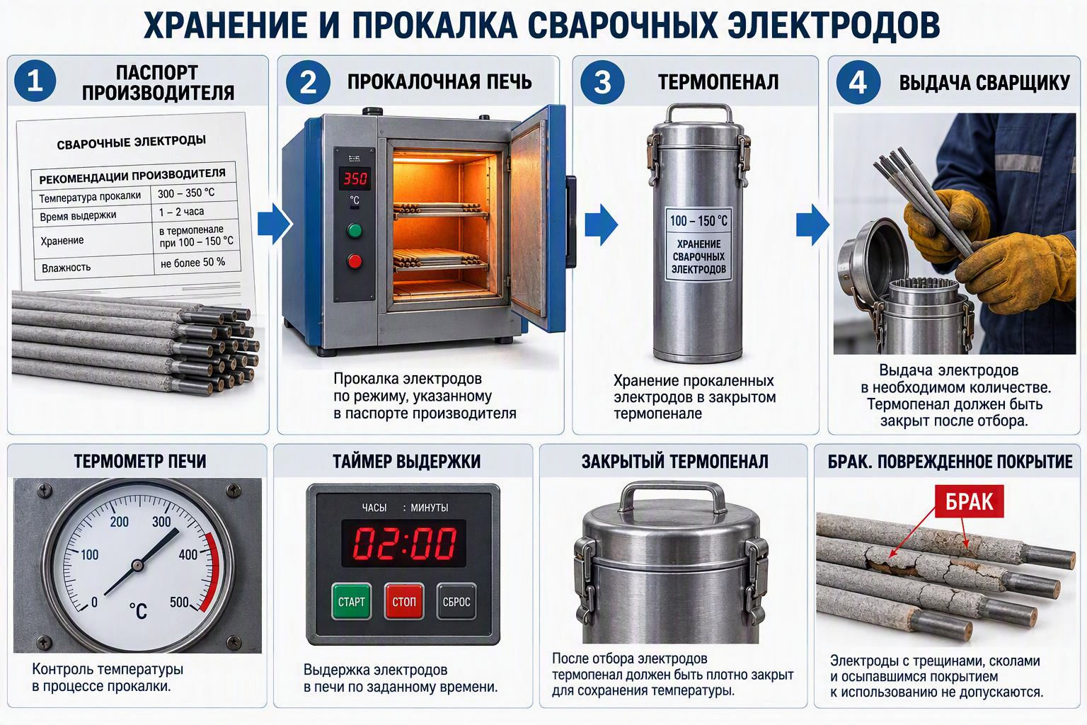 Схема работы с электродами: паспорт изготовителя, печь, термопенал, выдача и браковка