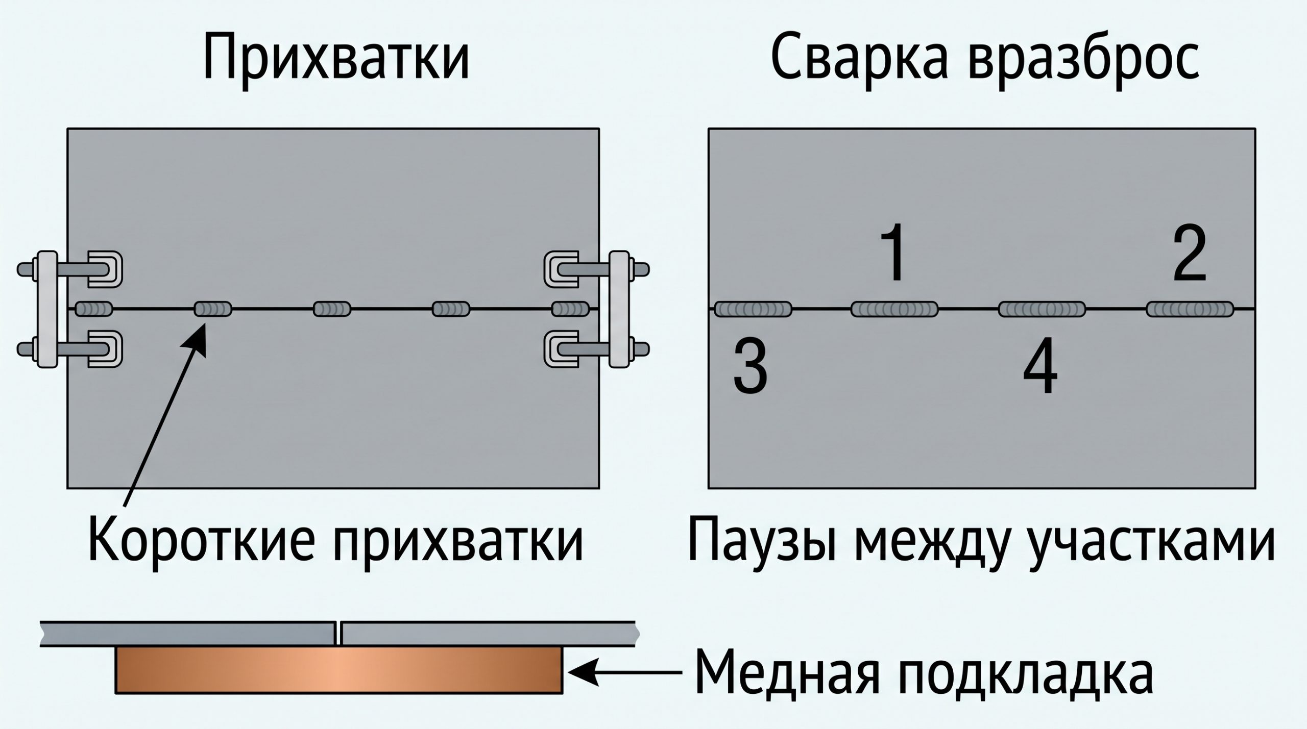 Прихватки и сварка тонкого листа вразброс с медной подкладкой